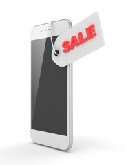 White smart phone with red sale label on white background. Best offer. Leader of sales. 3D rendering.