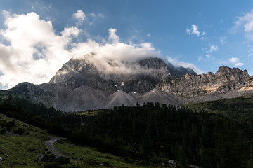 Naklejka na ściany i meble Lampsenspitze, majestic mountain peak over Ahornboden in Tyrol Austria