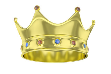 Golden royal crown with blue and red gems on white. 3D rendering.