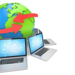 Laptop network around earth globe. 3d rendering.