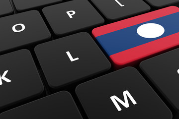 Computer keyboard, close-up button of the flag of Laos. 3D render of a laptop keyboard