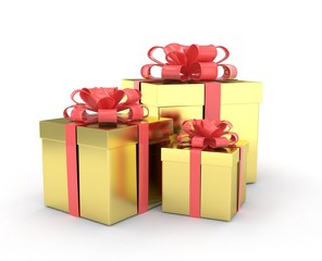 three gift boxes with bows isolated on white. 3d rendering.