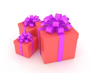 three gift boxes with bows isolated on white. 3d rendering.