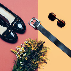Fashion accessories for ladies. Glasses, belt, shoes. Stylish au
