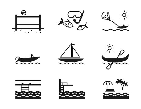 Vector set of recreation icons. Different types of holiday activities on the sea, on a beach or in a pool: diving, swimming, playing volleyball, sailing on a boat or an yacht, flying. Tourism theme.