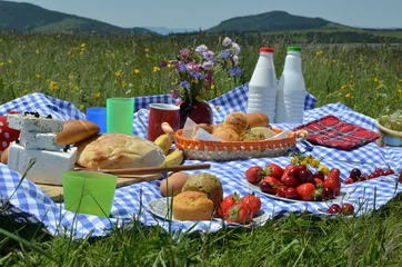 Washable wall murals Picnic Closeup of rich picnic breakfast or brunch on mountain meadow with hills in background