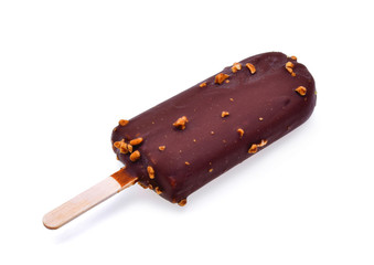 Ice cream covered with chocolate white background.