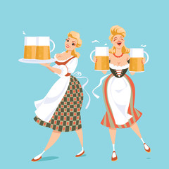 Two pretty waitress with beer and pretzel , vector illustration in cartoon style
