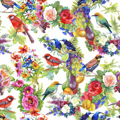 Watercolor hand drawn seamless pattern with tropical summer flowers and exotic birds