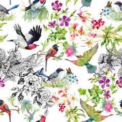 Gordijnen Aquarel hand getekende naadloze patroon met tropische zomerbloemen en exotische vogels © kostanproff
