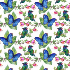 Watercolor hand drawn seamless pattern with tropical summer flowers and exotic birds