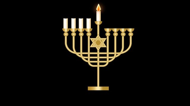 Hanukkah video  with luxury nine branched candle holder on black background, candle flames lighting up. Animated golden Hebrew text Hanukkah Sameach