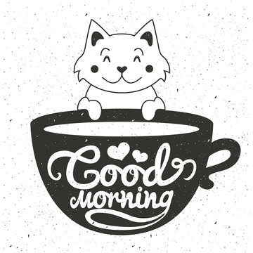 Fototapeta Wektorowa ilustracja śliczny mały biały kot z filiżanką kawy lub herbatą. Dzień dobry tekst napisu