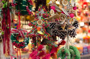 Christmas market. Decorations made of natural materials.