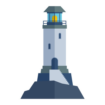 Vector cartoon flat lighthouse. Searchlight tower for maritime navigation guidance. Ocean beacon light vector tower lighthouse. Travel lighthouse water sailing signal navigation symbol.