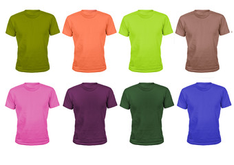  set of eight color cotton sports t-shirts isolated on white bac