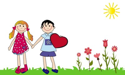 Ni&ntilde;os felices con coraz&oacute;n y flores.