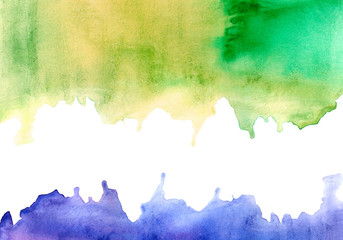 yellow-green and violet watery frame.abstract watercolor hand drawn image.coloured splash.white background.