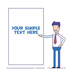 Businessman or manager shows at the poster where you can place your text. Cartoon character in business suit. Happy man in thin line flat style.