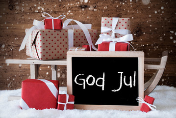 Sleigh With Gifts, Snow, Snowflakes, God Jul Means Merry Christmas
