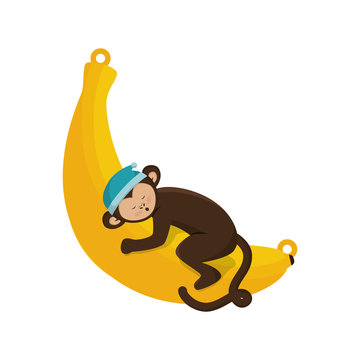 monkey slepping banana fruit animal cartoon funny wildlife vector illustration