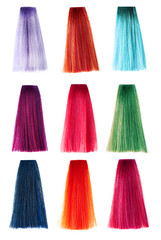 Hair Palette of different colors. Sample of colorful hair on white background
