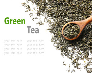 Wooden spoon with dried tea on white background. Space for text.