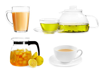 Delicious tea collage on white background.