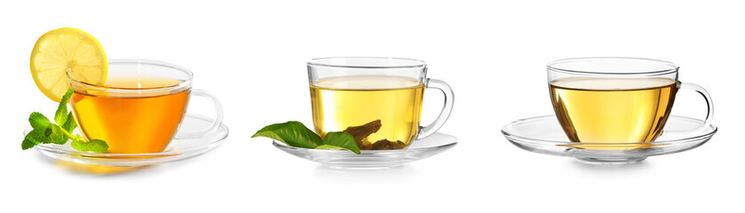 Delicious tea collage on white background.