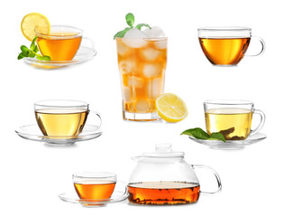 Delicious tea collage on white background.