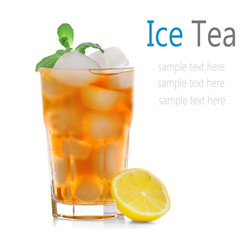 Glass of iced tea with lemon and mint on white background. Space for text.
