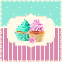 Greeting card with delicious cupcakes. Vintage style.