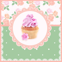 Greeting card with delicious cupcake. Vintage style.