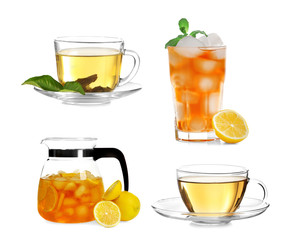 Delicious tea collage on white background.