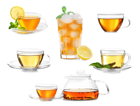 Delicious tea collage on white background.