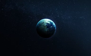 Fotobehang De aarde vanuit de ruimte die al hun schoonheid laat zien. Uiterst gedetailleerd beeld, inclusief elementen geleverd door NASA. Andere oriëntaties en planeten beschikbaar. © Vadimsadovski