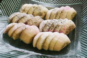 Cut slices of white dragon fruit (pitaya)