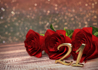 birthday concept with red roses on wooden desk. twenty-first . 21st. 3D render