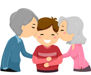 Stickman Kid Boy Kiss Grandparents