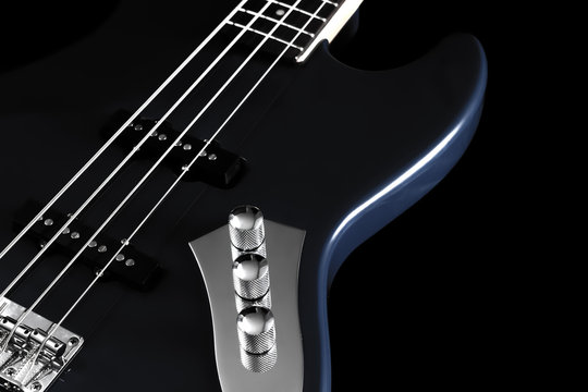 grey electric bass guitar & beautiful rim light of four strings, knobs and body shape, isolated on black + copy space for music concept background