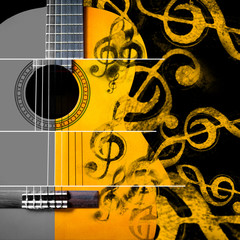acoustic, classical guitar & floating music note on black