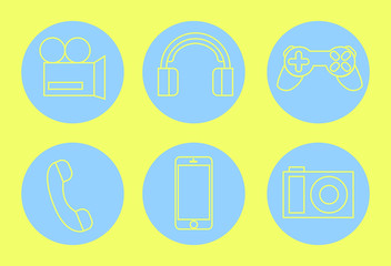 Gadget minimal icons yellow on blue. Hand-drawn vector illustration