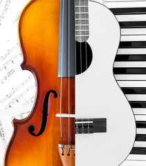 violin, music sheet, guitar and piano