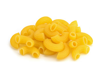 Group of uncooked macaroni pasta on white