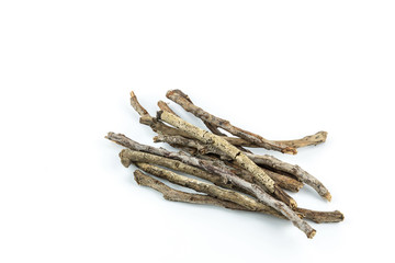 Pile of dry twigs on white background