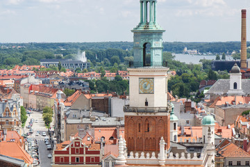 Poznan, Poland - June 28, 2016: Town hall, old and modern buildings in polish city Poznan