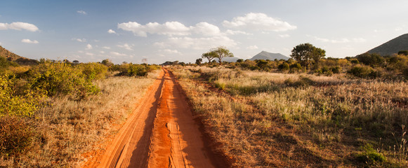 Obraz premium Red road in Tsavo East National Park, Kenya