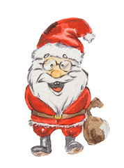 Watercolor Santa Claus. Funny smiling Santa with sack and glasses. Red suit and white beard. Symbol of New Year and Christmas.