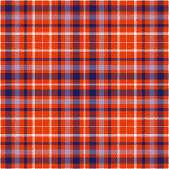 Seamless tartan plaid pattern in stripes of navy blue, violet & white twill on red background. 