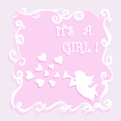 Baby shower it’s a girl greeting card with angel playing pipe and hearts